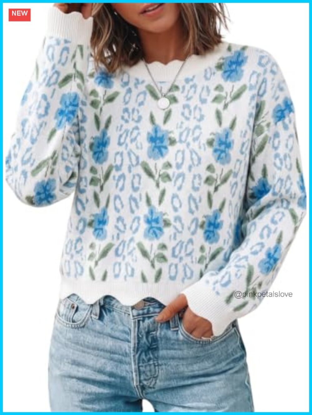 Womens Floral Knit Pullover Sweater Scalloped Trim Long Sleeve